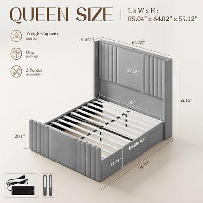 Queen Bed Frame with 55.1" Tall Headboard, Velvet Upholstered Platform Bed with Channel Tufted Wingback, 2 Reading Lights/Storage Shelf/Charging Station/Easy Assembly/Noise-Free, Grey