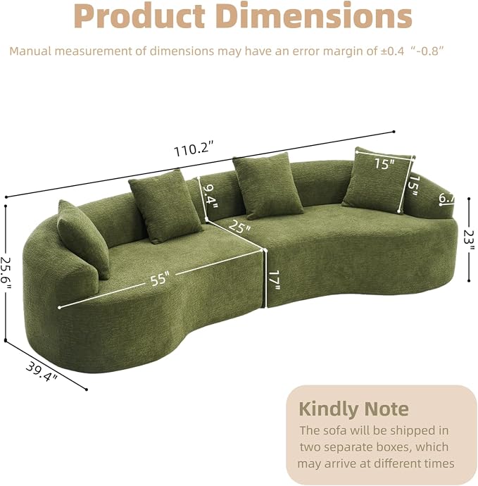 110.2" Curved Sectional Sofa,Luxury Wood Grain Chenille Fabric, Oversized Sectional Sofa,Compression Curved Couch for Living Room,No Assembly Needed (Green, 110.2 Inch)