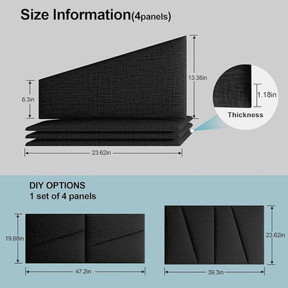 Peel and Stick Headboard for Twin Bed Linen Fabric Upholstered Wall Mounted Headboard - Wall Padding Panel in Black for Bedroom/Living Room/Dorm (4 Panels)