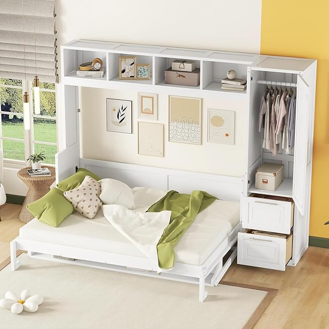 Virubi Queen Murphy Bed with Storage Shelves,Drawers and Wardrobe Closet,Wood Folding Murphy Wall Bed Cabinet (White)