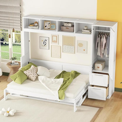 Virubi Queen Murphy Bed with Storage Shelves,Drawers and Wardrobe Closet,Wood Folding Murphy Wall Bed Cabinet (White)
