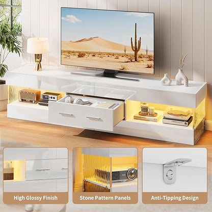 Bestier 67" Modern TV Stand for TVs up to 75 Inch, High Gloss LED Entertainment Center with Stone-Patterned Doors, TV Console with Drawer & Storage for Living Room, White