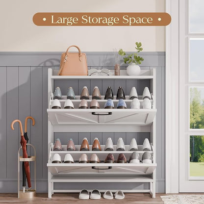 MU Shoe Storage Cabinet for Entryway, Hidden Shoe Cabinet with 2 Flip Drawers, Narrow Shoe Organizer Shoe Rack Cabinet with Metal Legs, White
