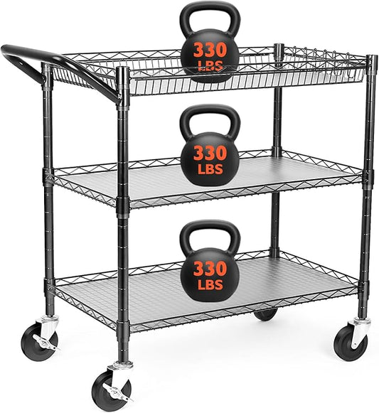 BolDuck Heavy Duty Utility Cart, 990Lbs Capacity 3 Tier Rolling Carts with Wheels, Kitchen Cart on Wheels with Storage, Commercial Grade Metal Serving Carts with Wire Shelving &Handle Bar, Black