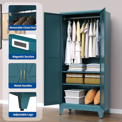 Steel Armoire Wardrobe Closet, 71" Metal Clothing Storage Cabinets with 2 Doors & 2 Adjustable Shelves, Blue Wardrobe Cabinet with Hanging Rod for Bedroom, Gym