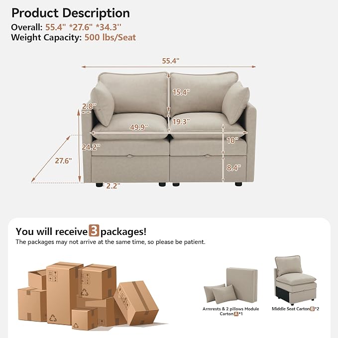 55" Beige Faux Leather Storage Loveseat Sofa, Upholstered 2 Seater Sofa | Modern Deep Seat Cloud Sofa Chair, Small Love Seat Comfy Modular Sectional Sofa for Living Room, Bedroom, Small spaces