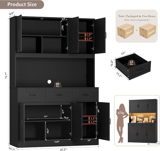 HOSTACK 72" Tall Kitchen Pantry Cabinet with Charging Station | LED Lights, 47" W Kitchen Pantry Storage Cabinet with Countertop, Modern Kitchens Hutch Cabinets with Storage for Dining Room, Black