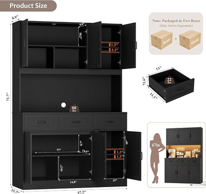 HOSTACK 72" Tall Kitchen Pantry Cabinet with Charging Station | LED Lights, 47" W Kitchen Pantry Storage Cabinet with Countertop, Modern Kitchens Hutch Cabinets with Storage for Dining Room, Black