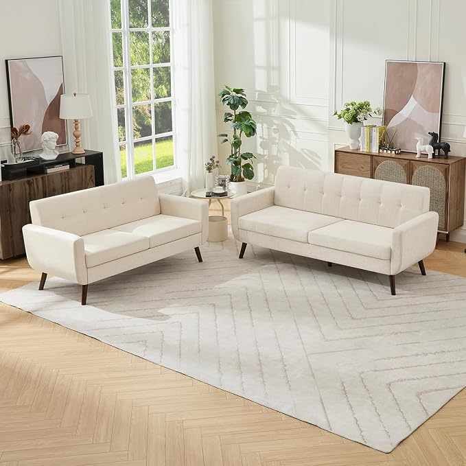 Tbfit Mid Century Modern Sofa Couch, Beige, Loveseat & Standard Sofa | linen fabric