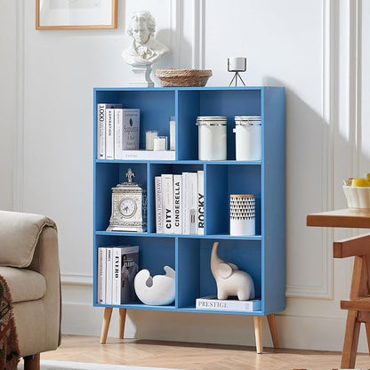 LEYAOYAO Cube Bookshelf 3 Tier Mid-Century Blue Modern Bookcase with Legs,Retro Wood Bookshelves Storage Organizer Shelf,Freestanding Open Book Shelves for Bedroom,Living Room,Office