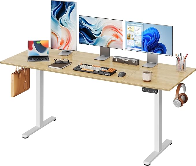 DEVAISE 71 Inch Electric Standing Desk, 3 Adjustable Computer Desk for Home Office, Ergonomic Sit to Stand Desk with LED Touchscreen，Headphone Hook, 3 Memory Preset, with Split Top, Maple