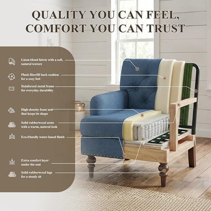MALOL Upholstered Accent Chair Set of 2, Comfy Reading Chair for Living Room, Mid Century Modern Armchair with Thick Cushion & Solid Rubberwood Legs, for Bedroom/Small Spaces, Blue