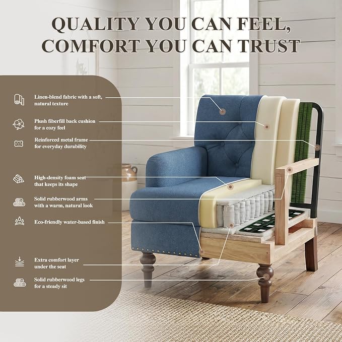 MALOL Upholstered Accent Chair Set of 2, Comfy Reading Chair for Living Room, Mid Century Modern Armchair with Thick Cushion & Solid Rubberwood Legs, for Bedroom/Small Spaces, Blue