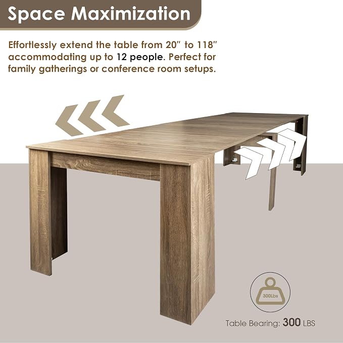 20"-118" Extendable Dining Table for 2-12 People, Modern Modular Extension Table, Space-Saving Extra Long Folding Dining Table, Multifunctional Conference Meeting Table, Oak