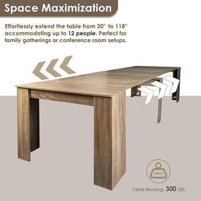 20"-118" Extendable Dining Table for 2-12 People, Modern Modular Extension Table, Space-Saving Extra Long Folding Dining Table, Multifunctional Conference Meeting Table, Oak