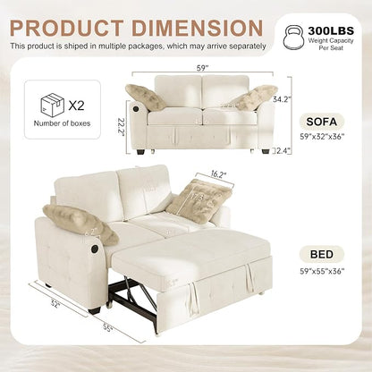 Hanherry 59" Loveseat Sofa with Pull Out Couch Bed, Chenille 2-in-1 Convertible 2 Seater Sleeper Sofa with USB Charging,Comfy Love Seat for Small Spaces Living Room Apartment