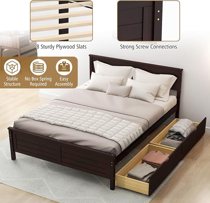 KOMFOTT Full Size Wood Bed Frame with 2 Storage Drawers, Mid Century Platform Bed Frame with Headboard, Sturdy Wooden Slats Support, Modern Mattress Foundation, No Box Spring Required, Easy Assembly