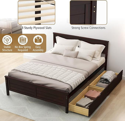 KOMFOTT Full Size Wood Bed Frame with 2 Storage Drawers, Mid Century Platform Bed Frame with Headboard, Sturdy Wooden Slats Support, Modern Mattress Foundation, No Box Spring Required, Easy Assembly