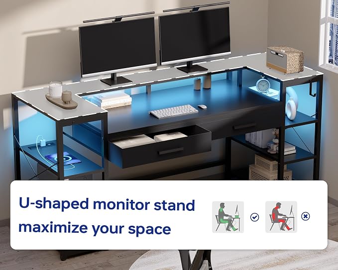 Pamray 58 Inch Computer Desk with Monitor Stand and Shelves Gaming Desk with LED Lights & Power Outlets PC Vanity Table with 2 Drawers for Home Office White