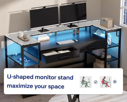 Pamray 58 Inch Computer Desk with Monitor Stand and Shelves Gaming Desk with LED Lights & Power Outlets PC Vanity Table with 2 Drawers for Home Office Vintage