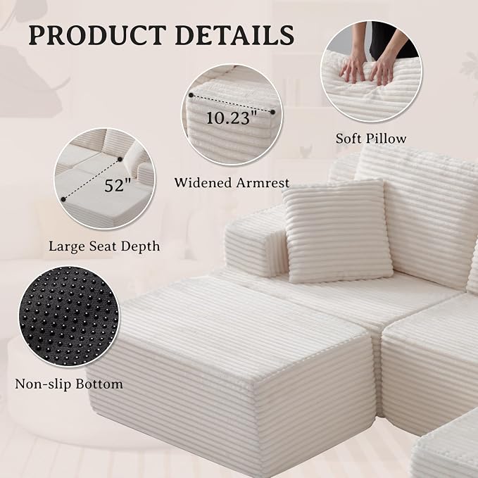 103" Modular Sectional Sofa, Comfort U Shaped Boneless Couch for Living Room, Extra Deep Seats No Assembly, Corduroy (White, 3 Seater + 2 Ottomans）