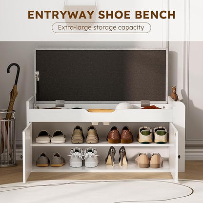 39.4" Storage Bench - Entryway Shoe Bench with Side Storage Shelves and 2 Doors, Multifunctional Entryway Bench with Lift Top Cushion, Shoe Storage Bench for Bedroom, Living Room, White