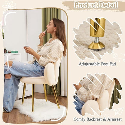 VINGLI Petal Makeup Vanity Chair with Back,Flower Cute Girls Desk Chair Comfy No Wheels,Modern Dining Chair,Small Accent Chair with Adustable Gold Legs&Bow Pillow for Home Office,Bedroom,Velvet,Beige