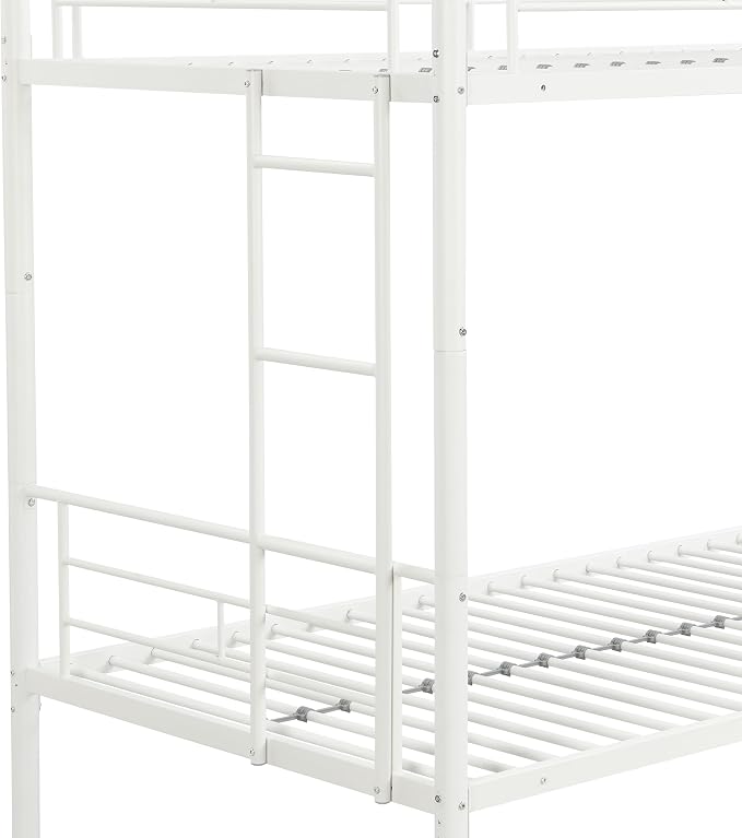Twin Over Twin Metal Bunk Bed with Trundle,Can be Divided Into Two Bed with Ladder & Guard Rail for Adults,No Box Spring Needed, Noise Free (White)