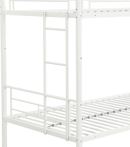 Twin Over Twin Metal Bunk Bed with Trundle,Can be Divided Into Two Bed with Ladder & Guard Rail for Adults,No Box Spring Needed, Noise Free (White)