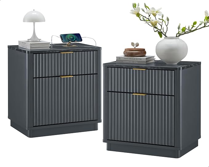 T4TREAM 23'' Fluted Nightstand Set of 2 with Charging Station, Large 2 Drawer Side Table, Modern End Table with Storage, Mid Century Bedside Table for Bedroom, Living Room, Curved Profile, Dark Grey
