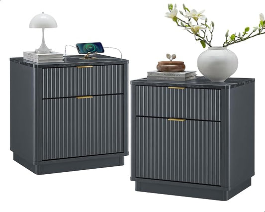 T4TREAM 23'' Fluted Nightstand Set of 2 with Charging Station, Large 2 Drawer Side Table, Modern End Table with Storage, Mid Century Bedside Table for Bedroom, Living Room, Curved Profile, Dark Grey