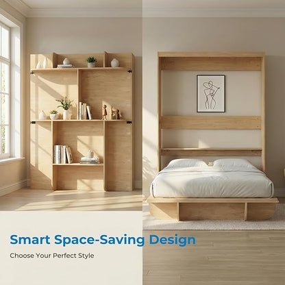 Mjkone Queen Size Wall Murphy Bed with Storage Shelf, Queen Wall Beds Cabinet Murphy Beds with Bookshelf, Top Cabinet Bed, Space-Saving Cabinets Beds for Bedroom, Guest Room, Studio, Office-Wood Color