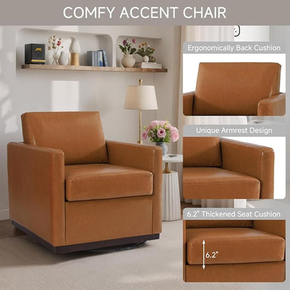 360° Swivel Accent Chair, 31" Wide Faux Leather Upholstered Club Armchairs for Living Room, Comfy Square Swivel Barrel Chair with Metal Base, Light Brown