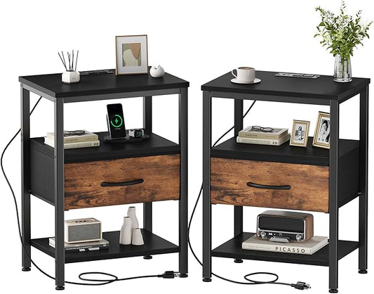 DUMOS Nightstand Set of 2 with Wireless Charging Station Bed Side Tables with Adjustable Fabric Drawers 3-Tier Storage End Tables Modern Design,Black and Brown