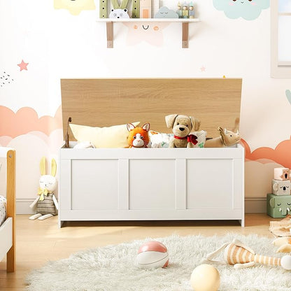 HOOBRO Storage Bench, 39.3" Retro Wooden Storage Chest, Wooden Storage Trunk, Toy Chest with Lift Top, Multifunctional Entryway Organizer, for Entryway, Living Room, White and Natural WN141CW01G1