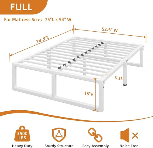 Full Size Bed Frame, 18 Inch Metal Platform Bed Frames with Squeak Free U-Slot Design, 6 Non-Slip Guards, 3500lbs Heavy Duty Steel Slat Support, No Box Spring Needed, Under Bed Storage, White