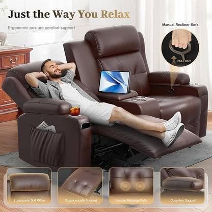 Reclining Loveseat, 1 Massage Loveseat Recliner Sofa Heavy Weight Capacity, RV Love Seat Clearance with Console, USB, Type C Port, Storage, Cup Holders, 2 Single Power Recliner Chairs Heat & Massage