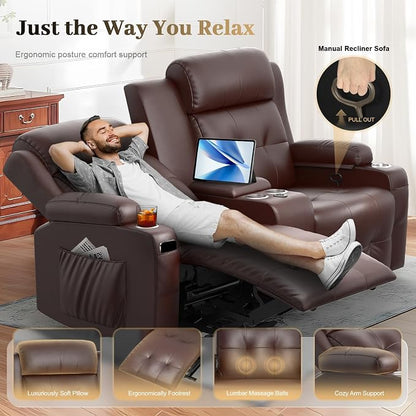 Reclining Loveseat, Massage Loveseat Recliner Sofa Heavy Weight Capacity, RV Love Seat Chair Clearance with Console, USB, Type C Port, Storage, Cup Holders, Wall Hugger Couch for Living Room