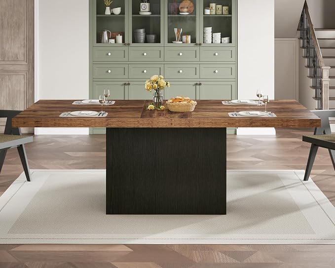 HSH Dining Table for 6 to 8, 71” Wood Rectangular Dinner Table, 6 ft Industrial Kitchen Table only with Black Pedestal, Modern Large Dining Room Table for Home Gathering Office, Rustic Brown, 71 Inch