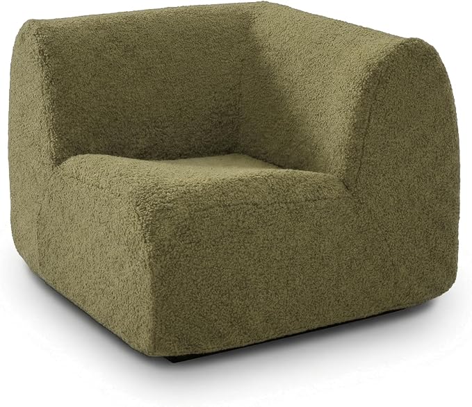 38" Curved Single Sofa Corner Chair, Boneless Sherpa Couch with Deep Seat, Comfy Teddy Sofas for Living Room, Bedroom, Apartment, Modern Sectional Modular Couches – No Assembly, Green