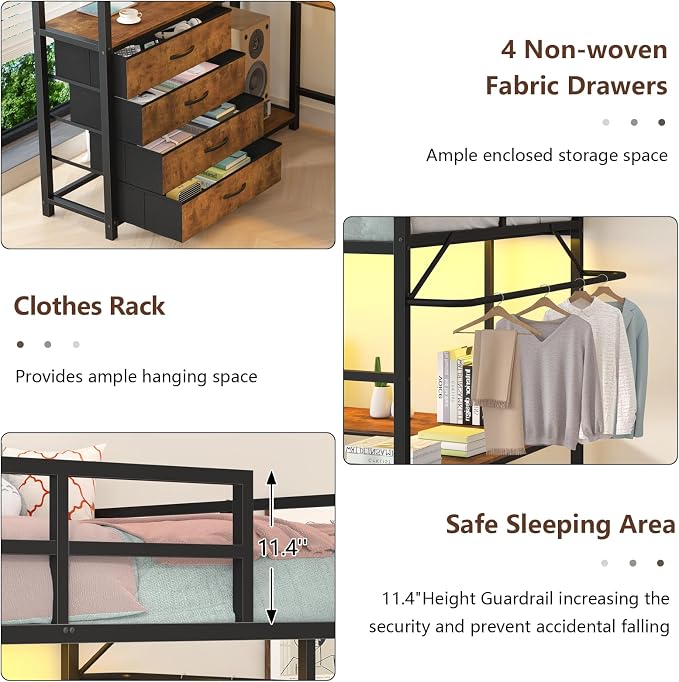 Loft Bed Twin Size with Storage Upholstered Headboard, Metal Twin Loft Bed Frame with U-Shaped Desk & LED Lights, Bunk Loft Beds with Power Outlet, Loft Beds with 4 Storage Drawers, Guard & Ladder