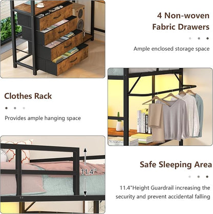 Loft Bed Twin Size with Storage Upholstered Headboard, Metal Twin Loft Bed Frame with U-Shaped Desk & LED Lights, Bunk Loft Beds with Power Outlet, Loft Beds with 4 Storage Drawers, Guard & Ladder