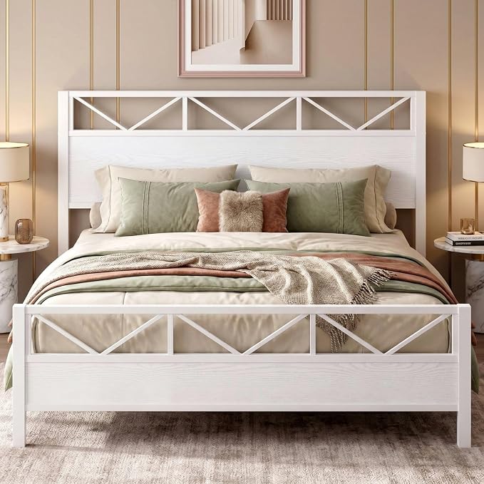 LIKIMIO King Size Bed Frame, Tall Modern Headboard 51.2 ", Platform Bed Frame with Strong Metal Support, Solid and Stable, Noise Free, No Box Spring Needed, Easy Assembly, White