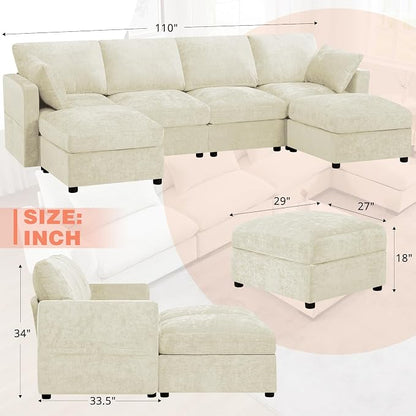 110” Chenille 4-Seats Sofa W/Two Movable Ottomans, Beige | Modern Fabric U-Shaped Couch w/Soft Backrests, Upholstered Sectional Sofa w/Arm Pillows for Living Room, Office
