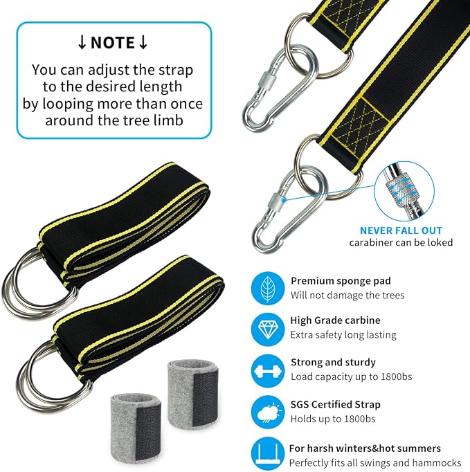 Extra Long Tree Swing Straps, 8FT Tree Swing Hanging Straps Kit Holds 1800 lbs with Tree Protector, Heavy Duty Carabiner Perfect for Swings & Hammocks