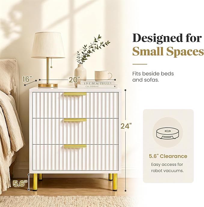 White and Gold Bedroom Furniture Set, 3 Piece Fluted Dresser and Nightstand Set with Gold Handles, 47" Dresser and Two 24" Bedside Tables