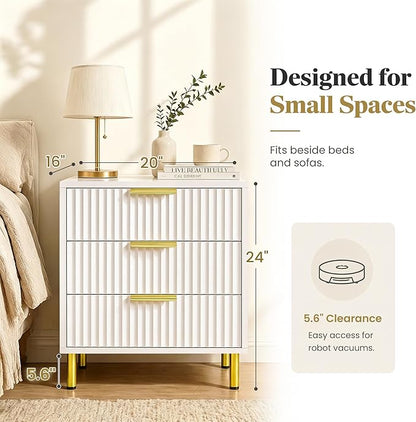 White and Gold Bedroom Furniture Set, 3 Piece Fluted Dresser and Nightstand Set with Gold Handles, 47" Dresser and Two 24" Bedside Tables