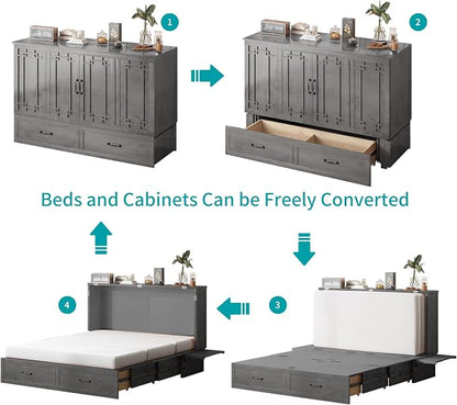 BALUS Queen Murphy Bed, Cabinet Bed with Built-in USB Ports & Storage Drawers, Wood Hidden Wall Beds, Modern Murphy Beds Cabinet Guest Beds for Bedroom/Living Room - (Dark Grey)