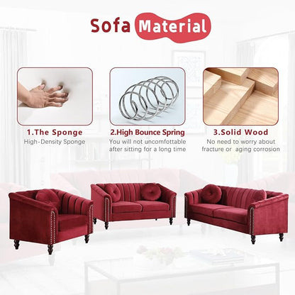 Sectional Sofa Set, Microfiber Chesterfield Upholstered Sofas Loveseat Couch Chair Sets with Style Button Tufted, Scroll Arms and Nailhead for Living Room, Office, Apartment-Red,3PCS