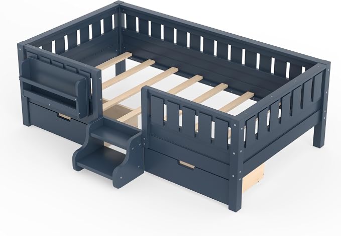 Bellemave Twin Floor Bed with Stairs, Rails and Slats, Twin Size Montessori Floor Bed with Bookshelf and 2 Storage Drawers, Easy Assemble Montessori Beds Frame for Girls, Boys, Blue